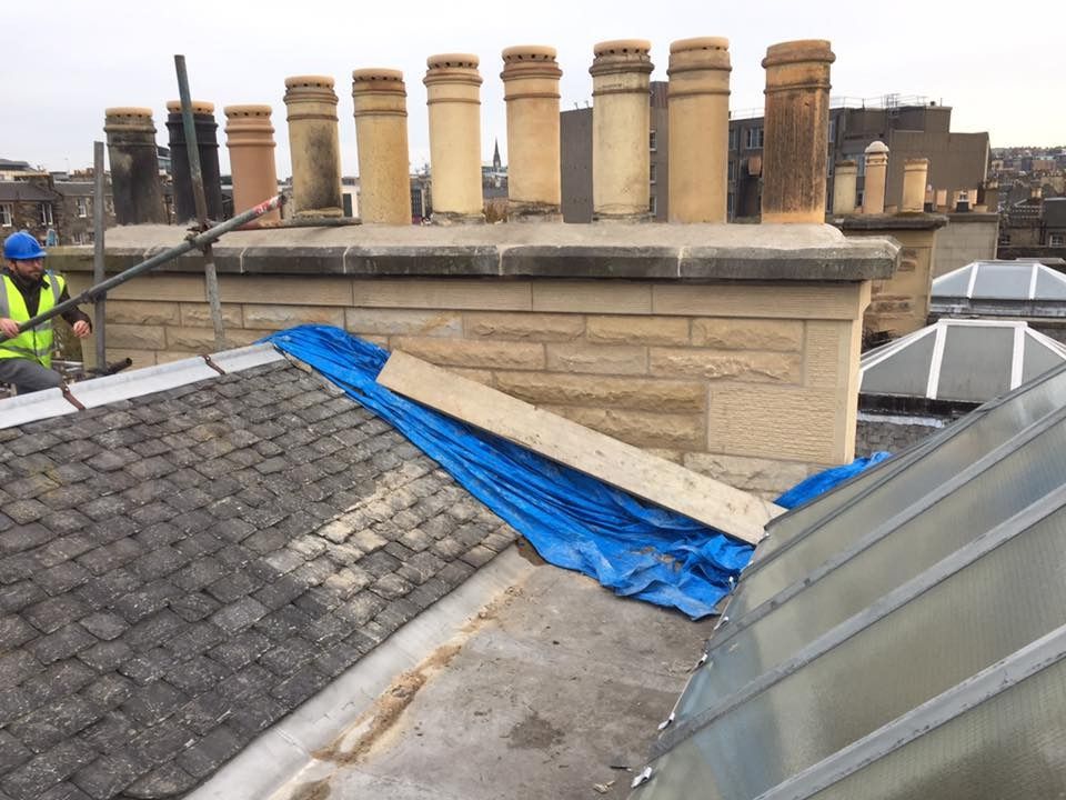 Restoration of historic chimney stacks by IMC Stonemasons Edinburgh.
